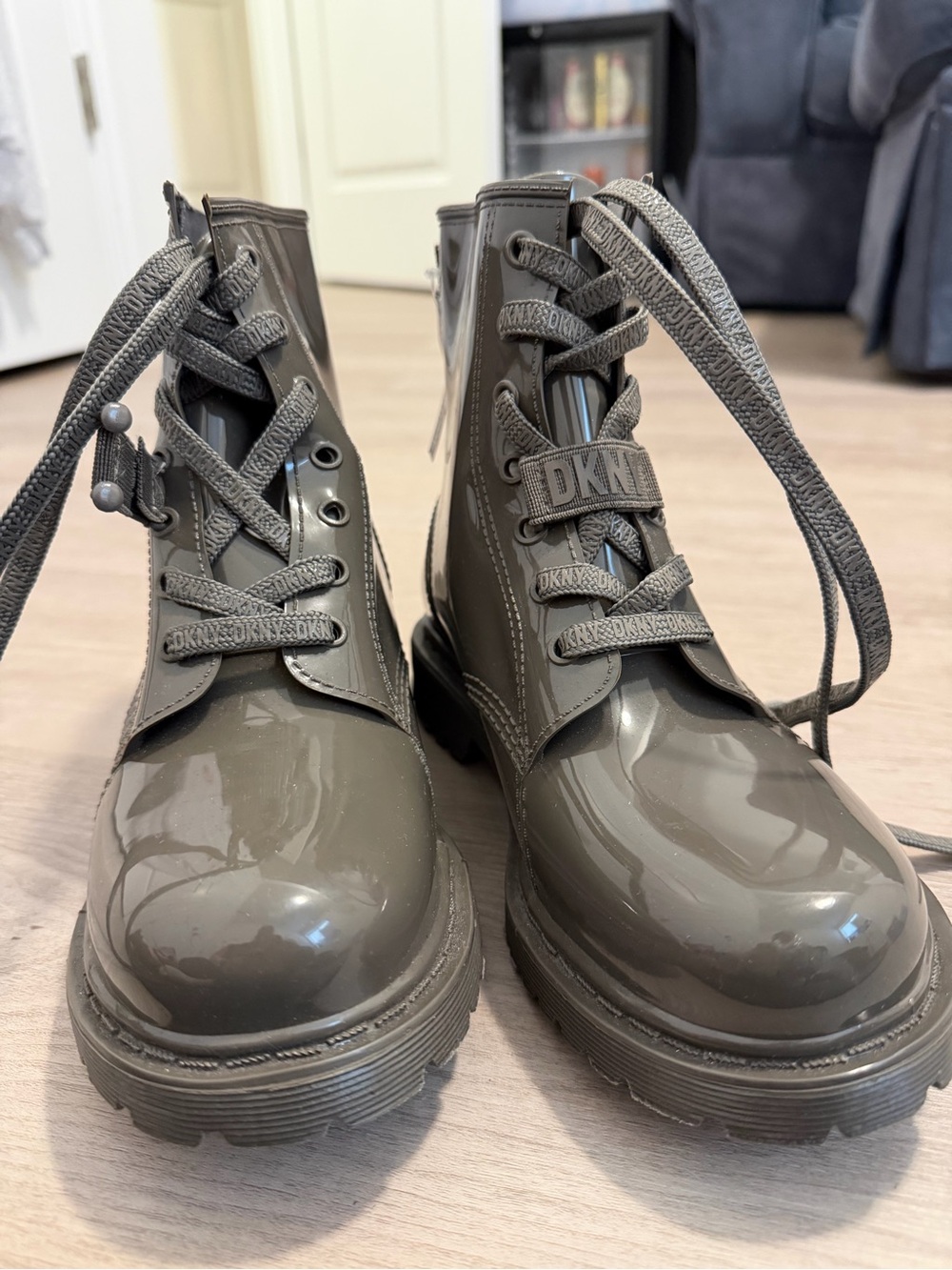 DKNY Olive Patent Lace-Up Combat Boots
